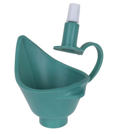 The EZY Eye Drop Guide is a turquoise green color and is shaped like a basin with one side higher than the other. Also includes a cap to cover the eye drop bottle once finished.