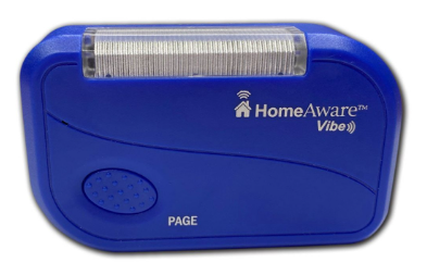 The HomeAware Vibe is a small blue pager that has a section across the top that contains the flashing light .