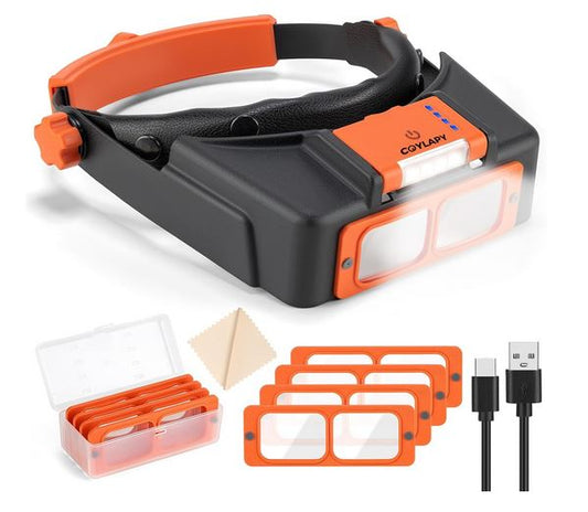 The head mounted magnifier comes is black and orange. It comes with 4 different magnifiers, a dimmable and rechargeable LED light and charging cable.