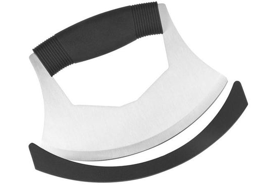 The Rocker T Knife has a rubber handle for easy gripping and is attached to a stainless steel blade. Also included is a black plastic guard for the blade.