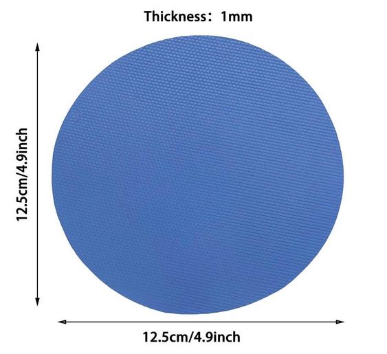The blue rubber gripper is shown closer with detailed textured material for easy jar opening. Also shown are the dimensions, 4.9" by 4.9" and 1mm thickness