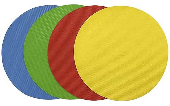 Four round rubber grippers that come in blue, green, red and yellow.