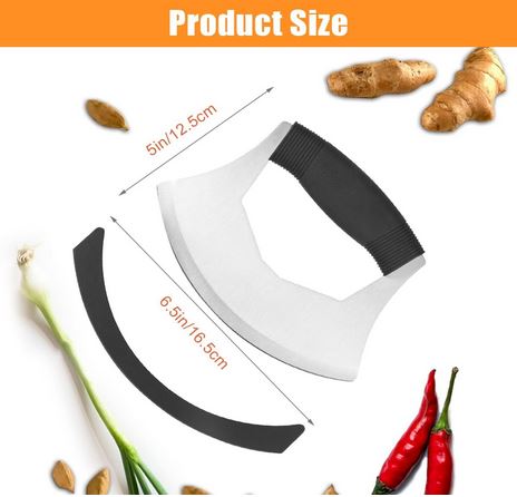 The Rocking T Knife is shown with the dimensions in orange text, 5" tall by 6.5" wide. The knife is featured on a white background  and is surrounded by various vegetables.