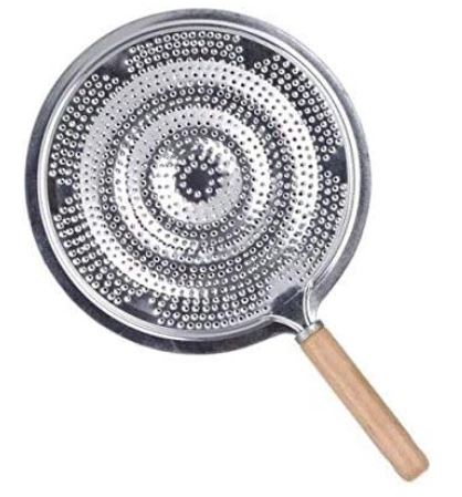 A metallic circle with holes for venting that is attached to a wooden handle. Used to evenly distribute heat while cooking in a pan or pot.