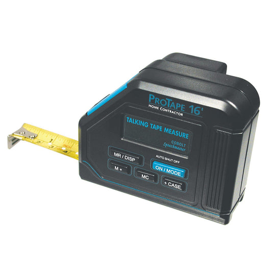 Black casing for a talking tape measure. It reads, ProTape 16' Talking Tape Measure.