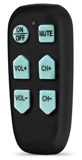 The large button remote is black with 6 blue buttons. One button for on/off, another to mute, and one each for the channel and volume up/down. The remote fits in the palm of your hand.