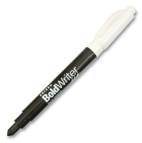 The Bold Writer VA Pen has a white cap with a black body and chisel tip. The pen is currently uncapped.