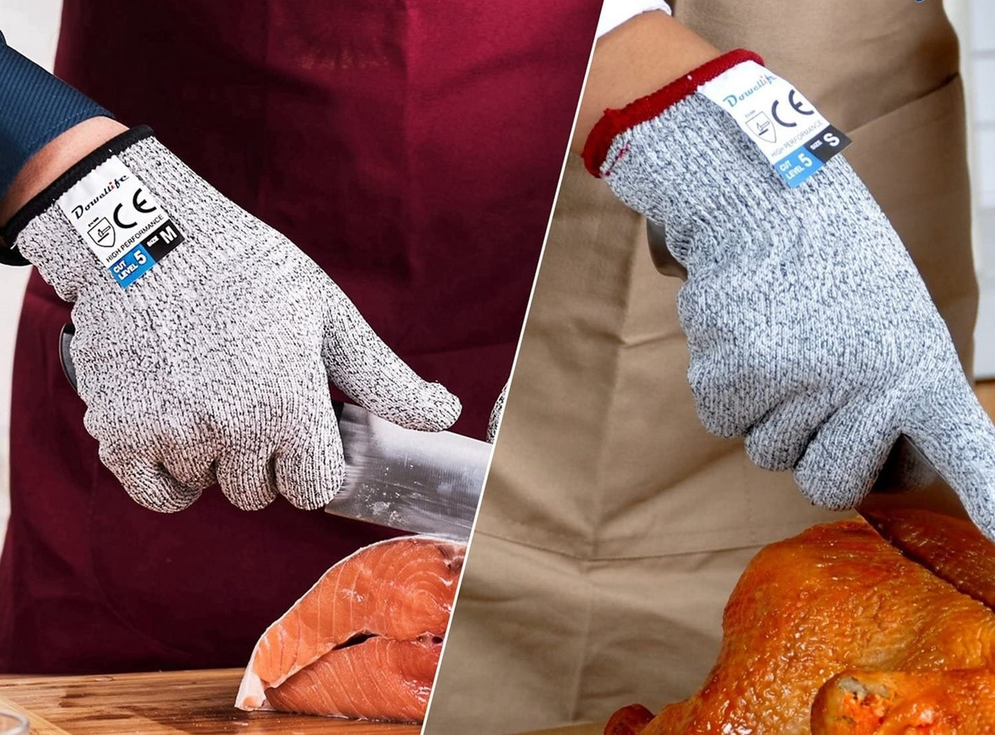 Side by side pictures of people cutting salmon and a turkey while wearing the gloves.