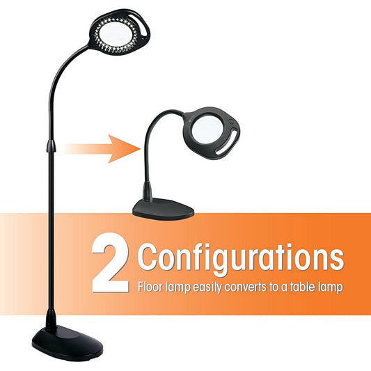 The 2 in 1 Ott Lamp shown as both the floor model and the desktop version. The lamp is lighted and has a magnifier in the center