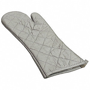 A silver oven mitt with white stitching
