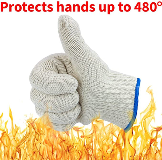 A gloved hand giving a thumbs up while engulfed in flames. There is text that says Protects hands up to 480 degrees