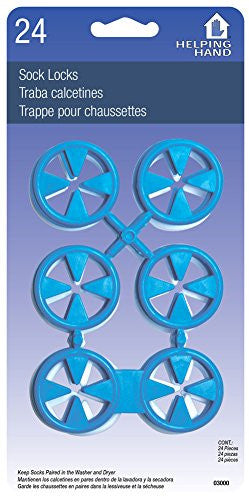 A package of sock locks. They have 6 circles with pin wheels cut out of the middle to latch on to your socks so the sock gnomes don't steal them from the washer.