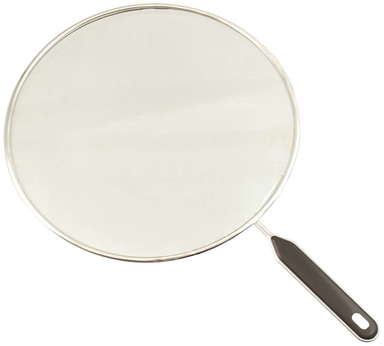 A Large circle made of mesh with a wire frame around it and a black handle.