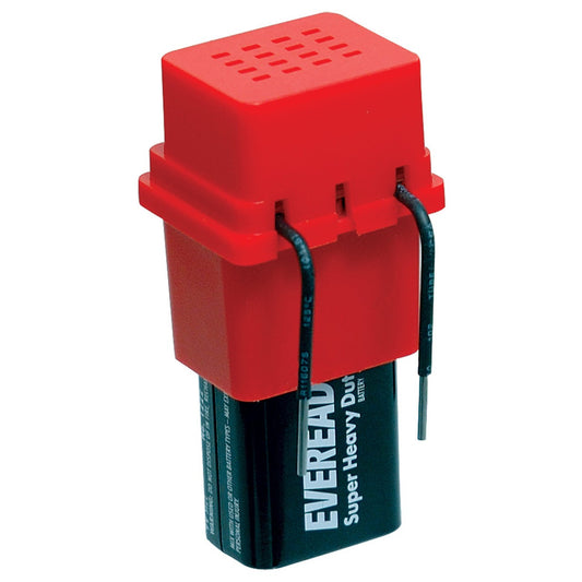 An orange rectangular device with a 9 volt battery coming out of the bottom and 2 prongs used for indicating liquid levels