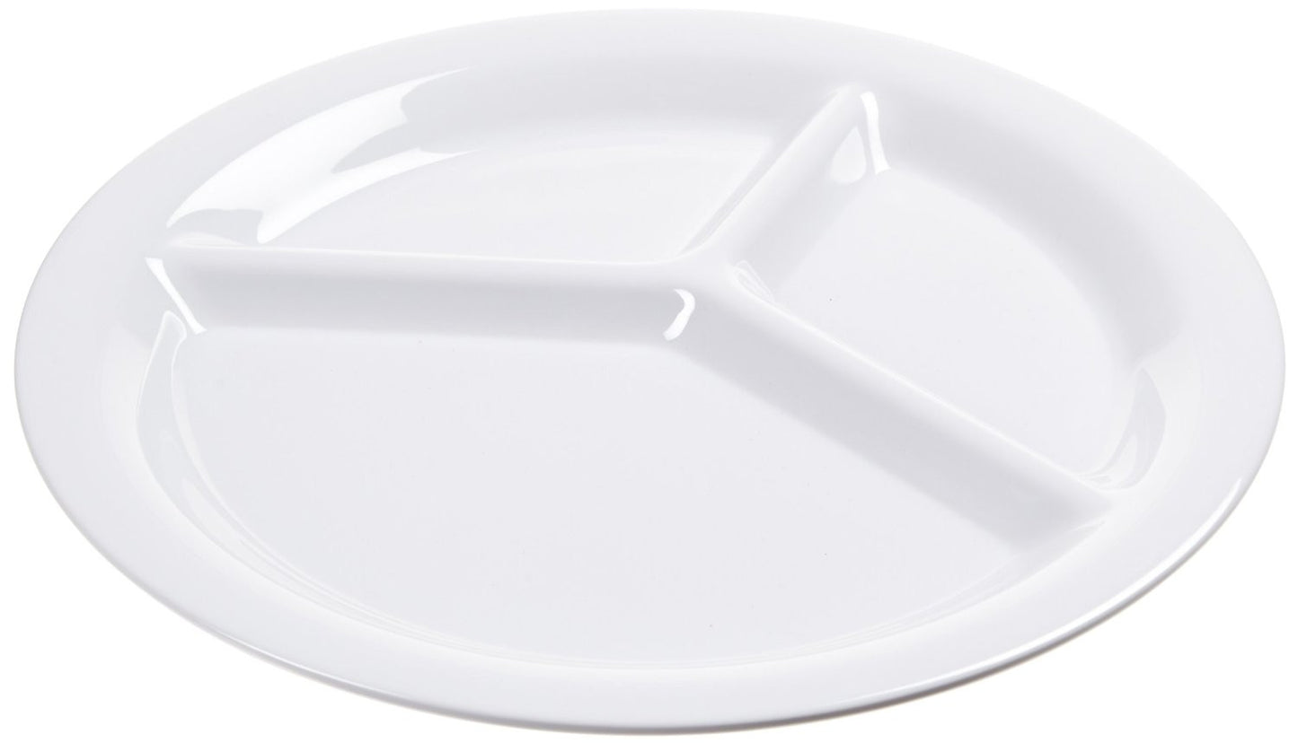 A white 3 section divided plate with barriers to help scoop the food onto your utensil