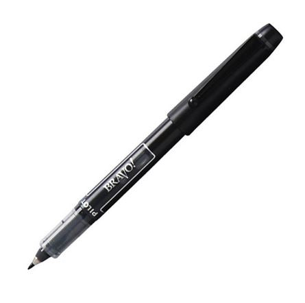 The Bravo! Pilot Pen is black with a fine tip point. The cap has an arm to fasten the pen safely to your shirt.