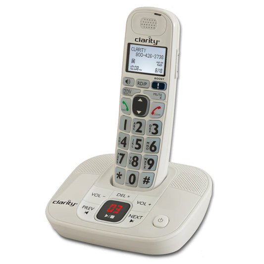 A white cordless phone sitting on a white chraging cradle. Clarity is calling at 10:08a and you have 3 missed messages. The phone has large transparent keys with black numbers and an LED screen to show you who is calling.