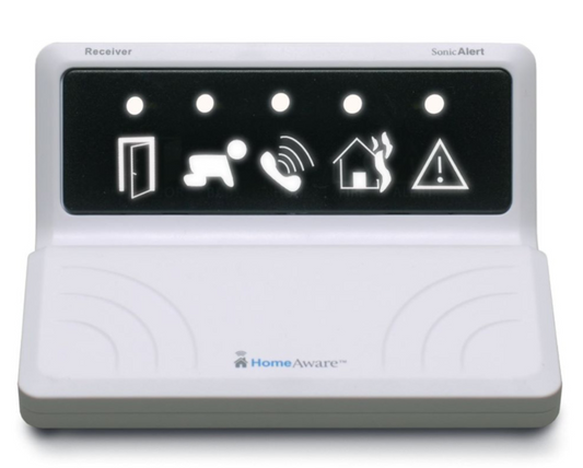 The HomeAware basic receiver is a small white box that has icons for the various alarms. One is for the door, a baby, the telephone, a fire and any other emergency.