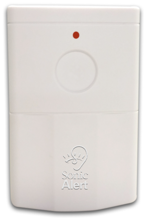 The HomeAware transmitter is a long rectangle shaped box that is white and has a red light on the front