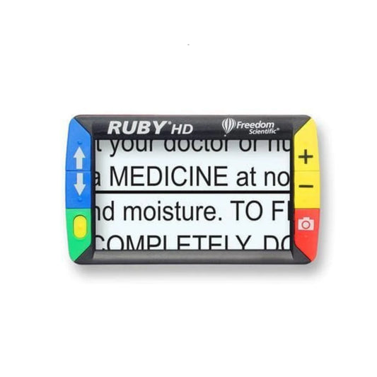 Ruby HD Hand Held Magnifier highlighting text on medicine