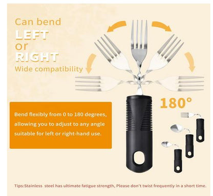 Orange texts indicates you can bend the silverware left or right up to 180 degrees. Suitable for left or right hand use.