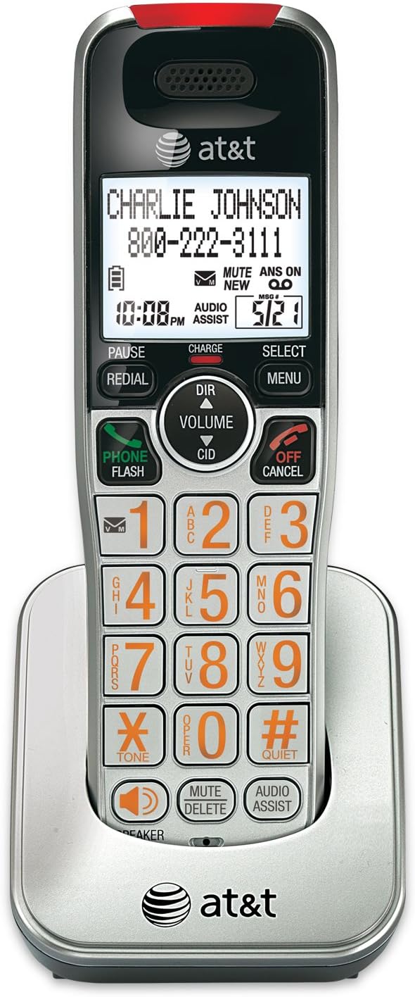 The AT&T phone is resting on it's charging cradle. The phone has a large dispaly that shows the name and number of the person calling, the date and time, and how many messages you have. It also features large backlit buttons.