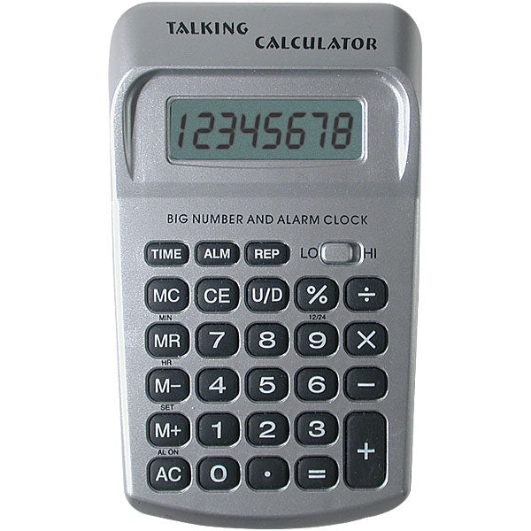 Grey calculator with black buttons that have white numbers. 12345678 is displayed on the LED screen