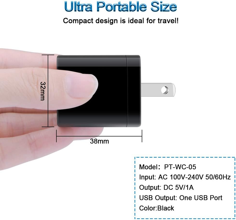 The small black wall charging block is 32mm x 38mm with an Input of AC 100V-240V 50/60Hz. Output DC 5V/1A