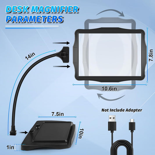 The image show the length of the gooseneck which is 14". The base is 1" thick by 10" wide and 7.5" deep. The magnifier itself measures 10.6"x7.8". A power cable is included but the wall adapter is not.