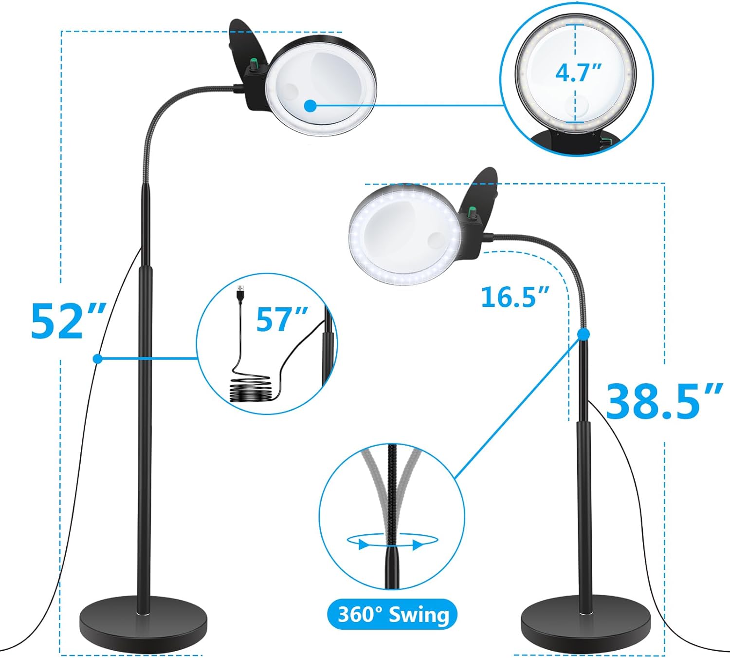 There is a layout showing the various dimensions of the lamp. The lens is 4.7 inches in diameter. The flexible neck is 16.5 inches long and includes a 360 degree swivel. There are 2 heights for the lamp. At it's tallest it is 52 inches and 38.5 inches at it's shortest.