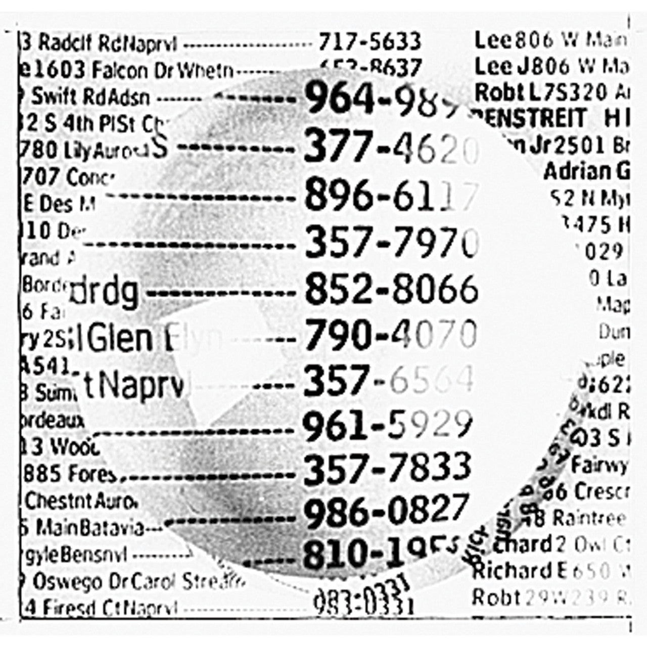 The clear 3" dome magnifier is highlighting numbers from an old book that used to have everyone listed with their name, address and phone number.