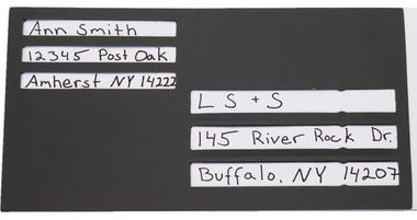 A single piece of thin plastic with templates cut out for you to properly address an envelope. Features 3 lines in the upper right hand corner for the return address and 3 lines in the lower left corner for the addressee. Ann Smith for Amherst, NY is addressing a letter to LS&S in Buffalo, NY.