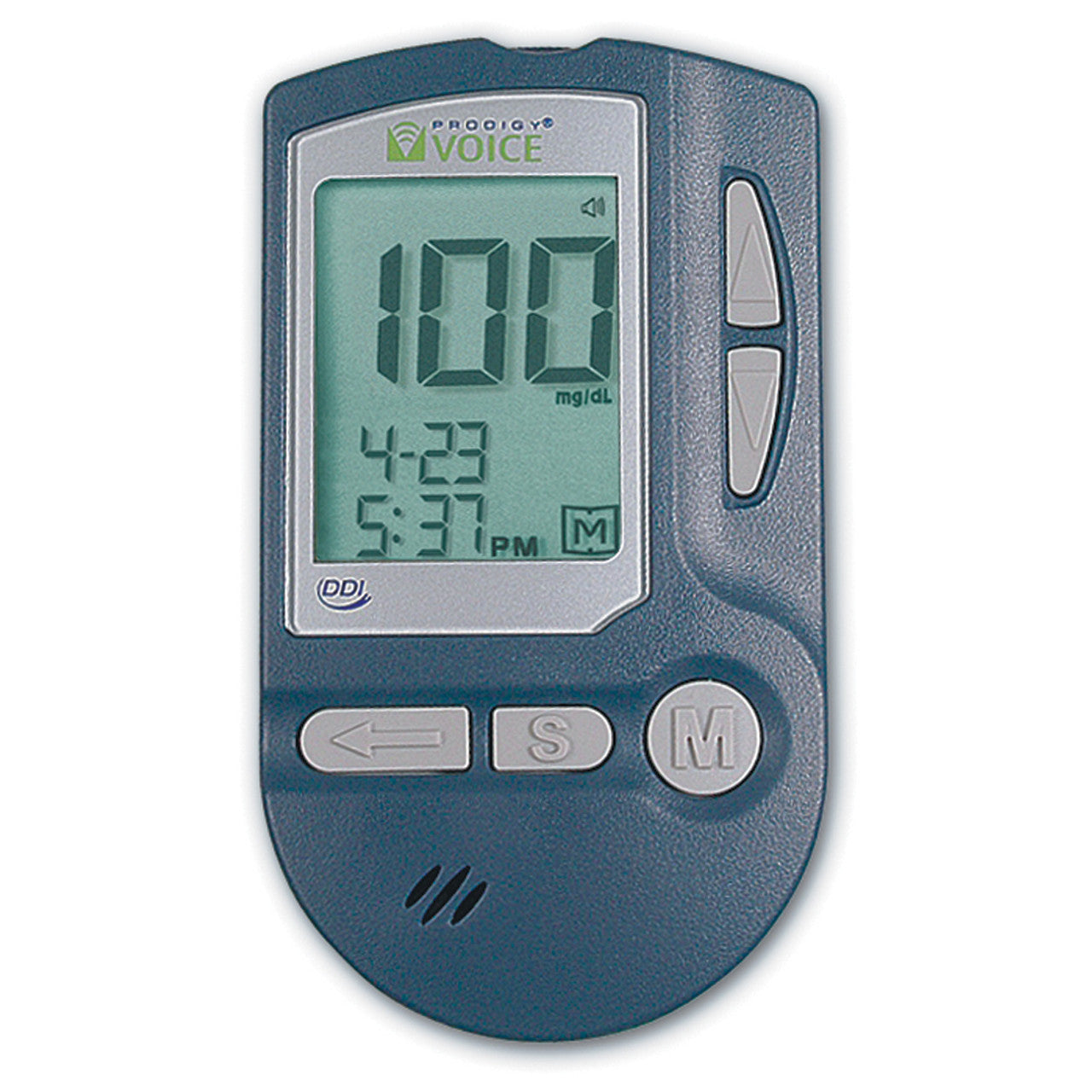 Prodigy Voice Talking Glucometer has a display screen that shows the day and time as well as your blood sugar levels.