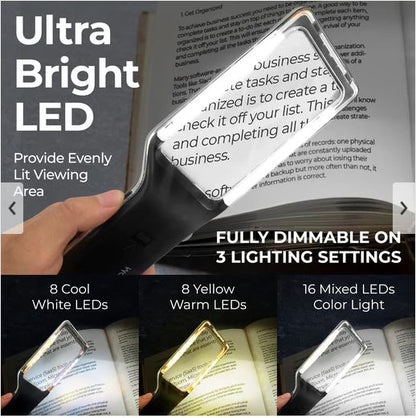 Magnifier is highlight text from a book. It comes with 16 mixed LEDs to allow you to choose from a white, warm or mixed light. Each mode is fully dimmable as well.