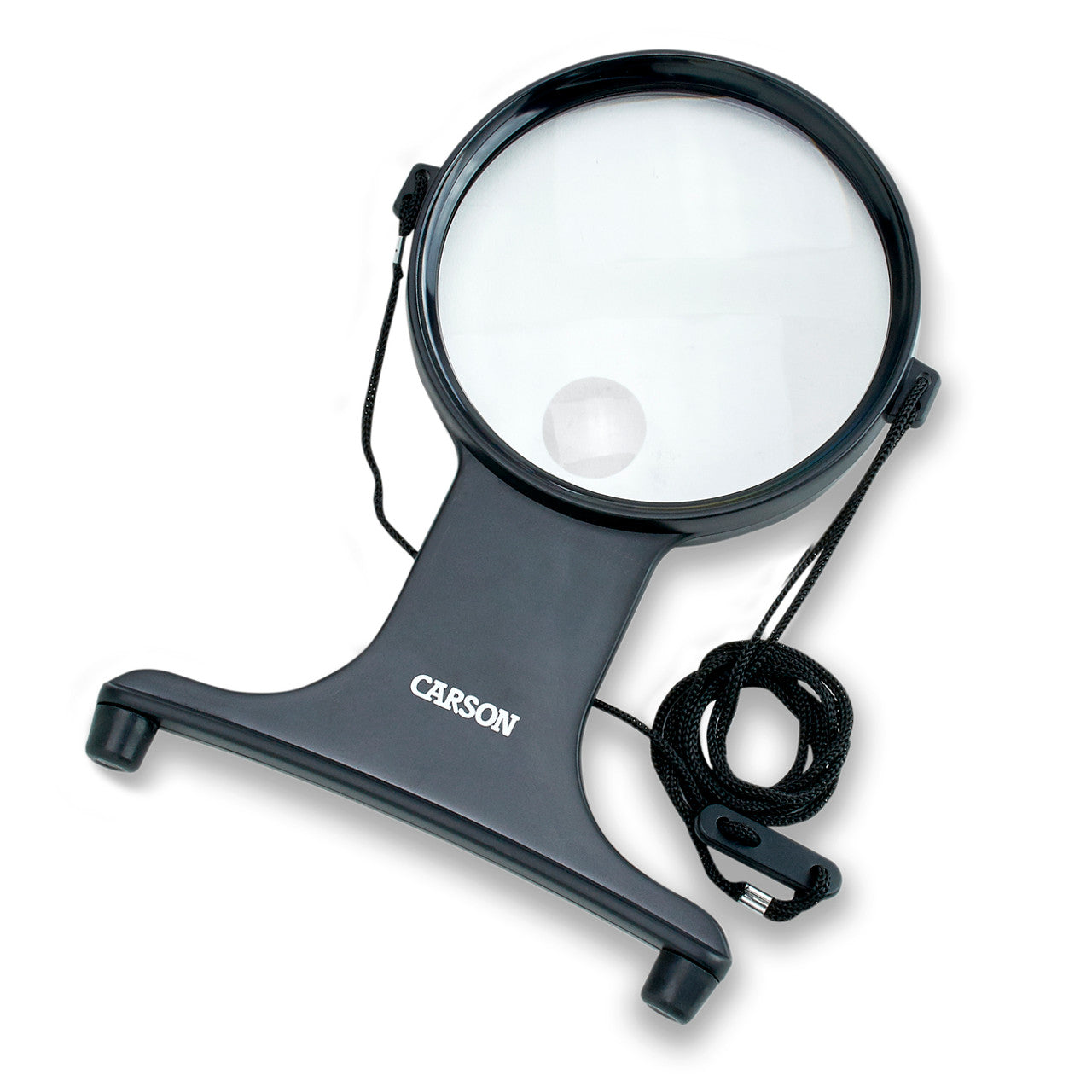 The Carson brand magnifier has a round field of view that has 2x magnification and a spot 3.5x. Comes with a string that is attached to either side of the magnifier which allows you to drape it over your neck for hands free operation. Also has 2 little rubbers pads on the bottom so it rests comfortably on your chest.