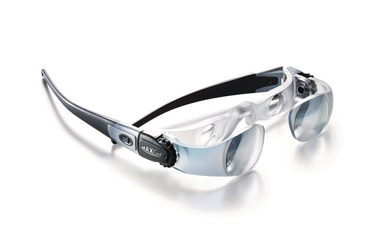 A pair of Eschenbach Max Event glasses are similar to MaxTV glasses but they have a special coating to eliminate sun glare. They have a dial on each arm that allows you to adjust magnification.