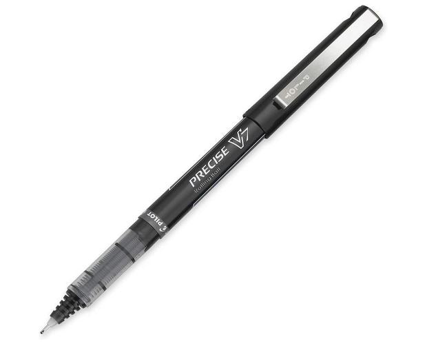 The Precise Rolling Ball V Pen is black with a metal clip on the cap so it fits snugly in your pocket. The part that gets covered up by the cap when not in use is see through so you will know when you're running low.