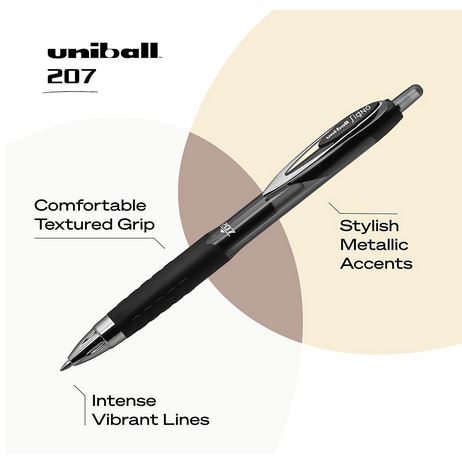 The Uniball Signo Gel Pen has stylish metallic accents, a comfortable textured grip and produces intense vibrant lines. The pen is black and silver.