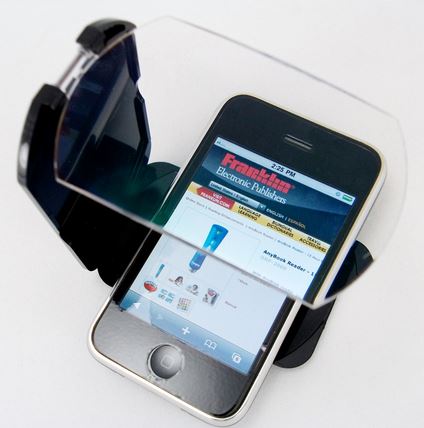 The folding magnifier is designed for cell phone use. It collapses in on itself for easy and convenient storage. It's 2 pieces of black plastic with a small clear screen that allows you to magnify 2.5 times.