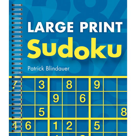 The large print spiral bound Sudoku puzzles features  white text that says LARGE PRINT and Sudoku is in yellow letters. The background is blue with yellow squares and numbers.