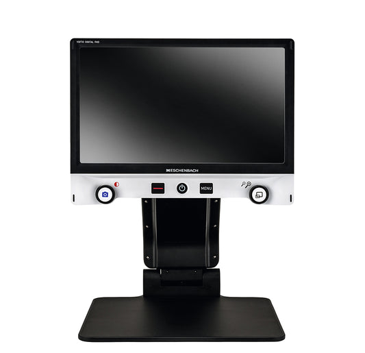 The Vario Digital is a mostly black portable desktop CCTV. It has a white control panel that features 2 knobs, 1 on the left and 1 on the right, and 3 buttons in the middle. The left button allows for reading lines and blinds. The middle button is the power button. And the right button allows you to enter the menu. The base of the CCTV is where you would place your reading material.