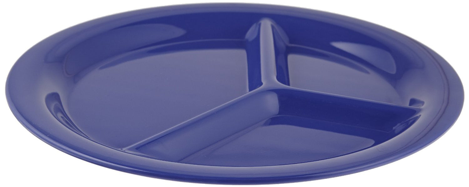 A blue 3 section divided plate with barriers to help scoop the food onto your utensil