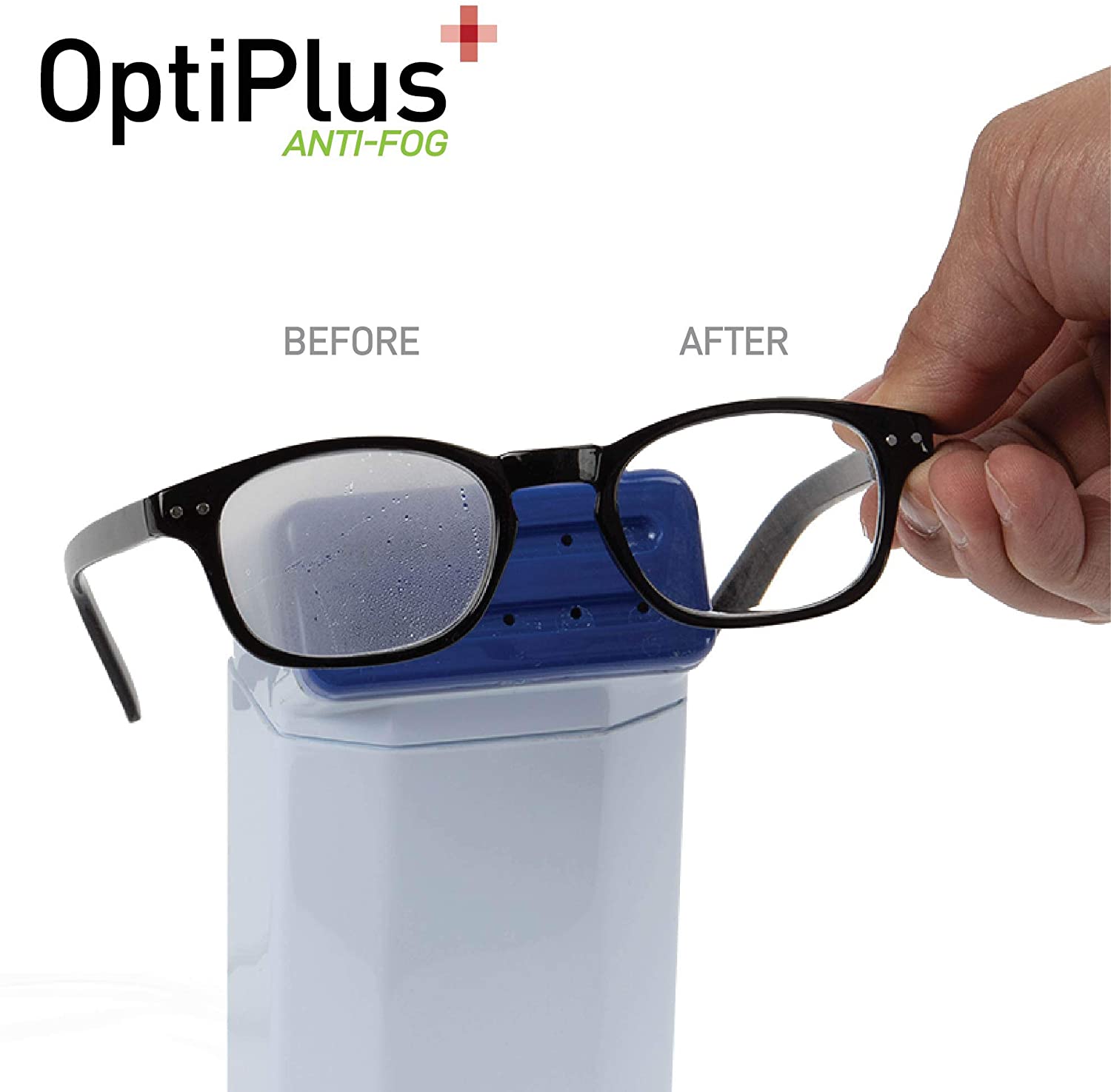 Demonstration of glasses before and after being cleaned with OptiPlus