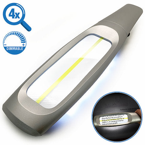 A dimable magnifier with a yellow line in the middle to easily keep your place while navigating text