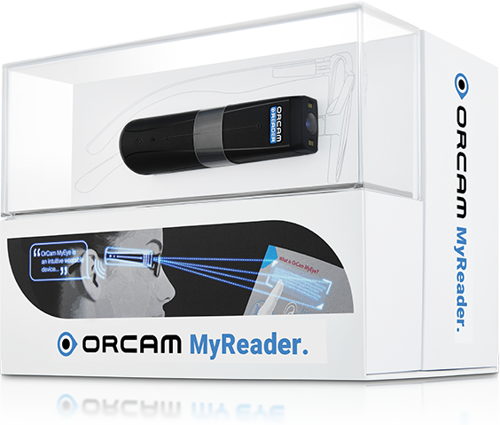 The OrCam My Eye Smart in the packaging which features a person using the device to read the instructions.