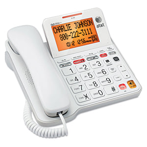 A white landline phone with a lagre display screen to see that Charlie Johnson is calling once again. The phone also has large dark numbers as well