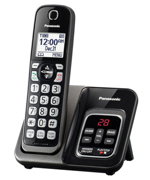 A black Panasonic cordless phone resting on it's docking station which is also an answering maching. It has a screen so you can see the numbers, white buttons with black text and the answering maching has red digits indicating how many messages you have.