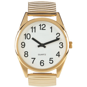 A gold watch with large digits on the face for people with low vision