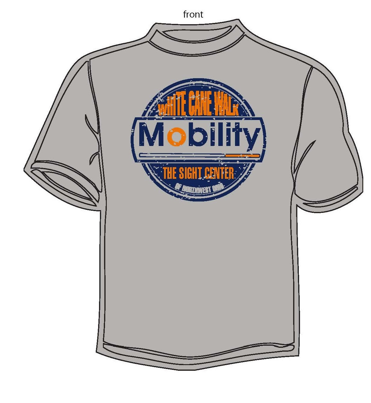 The front of a gray t-shirt the says White Cane Walk. The Sight Center of Northwest Ohio. Presented by Mobility