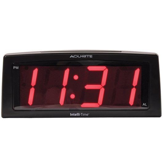 alarm clock with red text